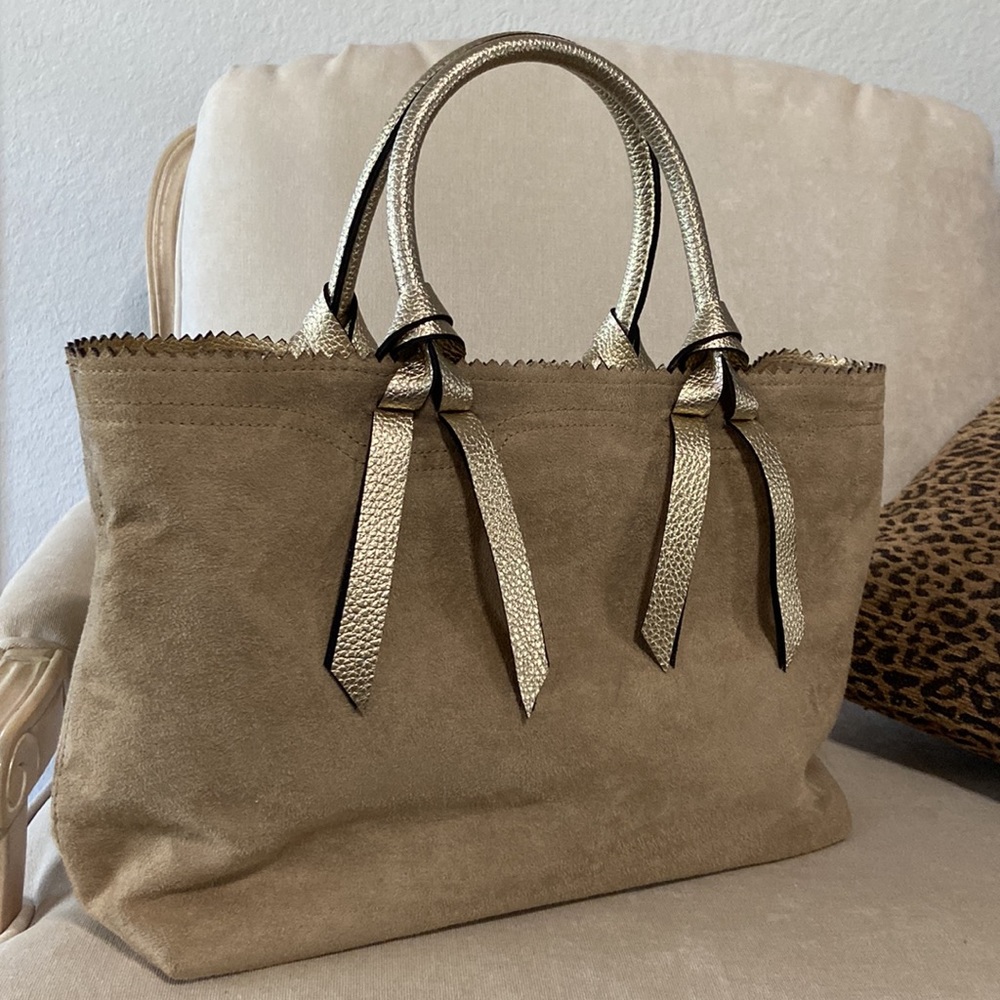 Victoria's Secret Elegant Tote Handbag Tan Suede/Gold Accents. Like New!